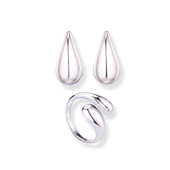 New! Woman Stainless Steel Silver Chunky Dome Drop Earrings & Ring. - Picture 1 of 4